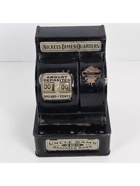 Working Vintage Uncle Sam’s 3 Coin Register Bank Black Tin Durable Toy Paterson